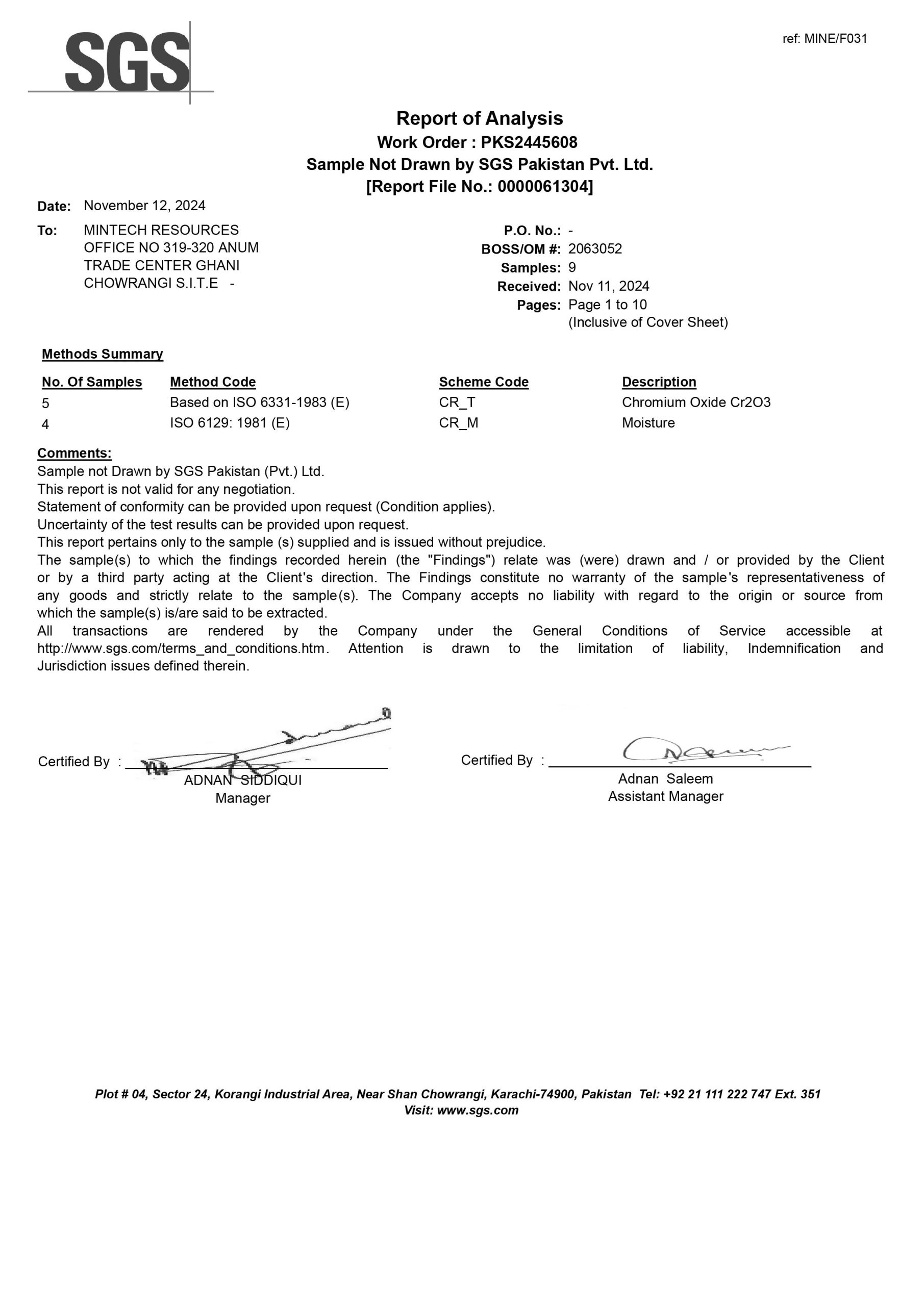 King Mining Chromium lab analysis page 1